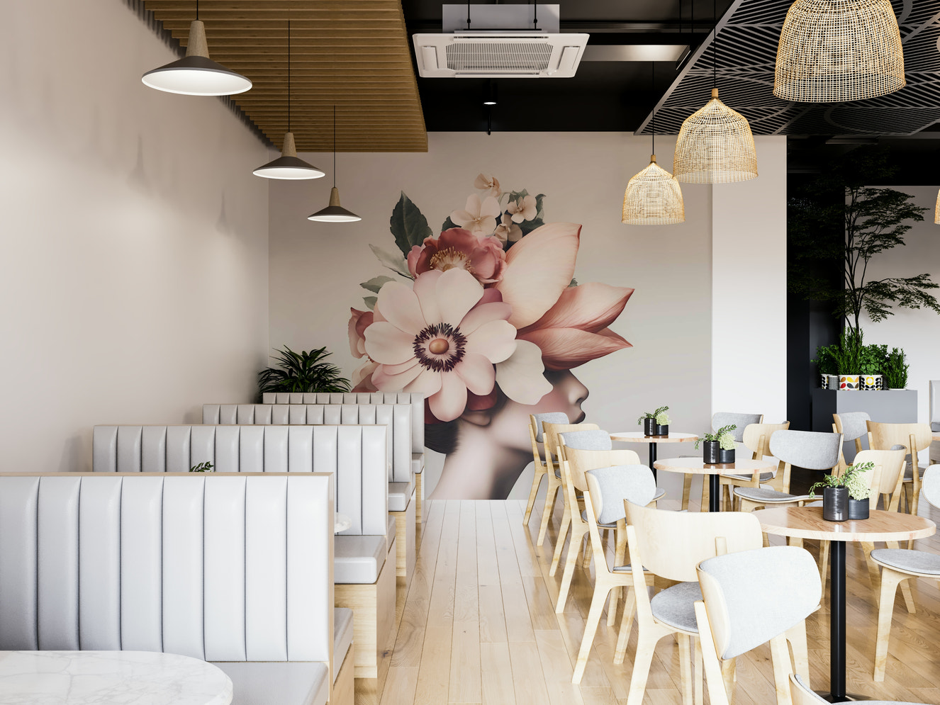 Floral portrait ethereal blush beauty wallpaper on a bedroom wall

