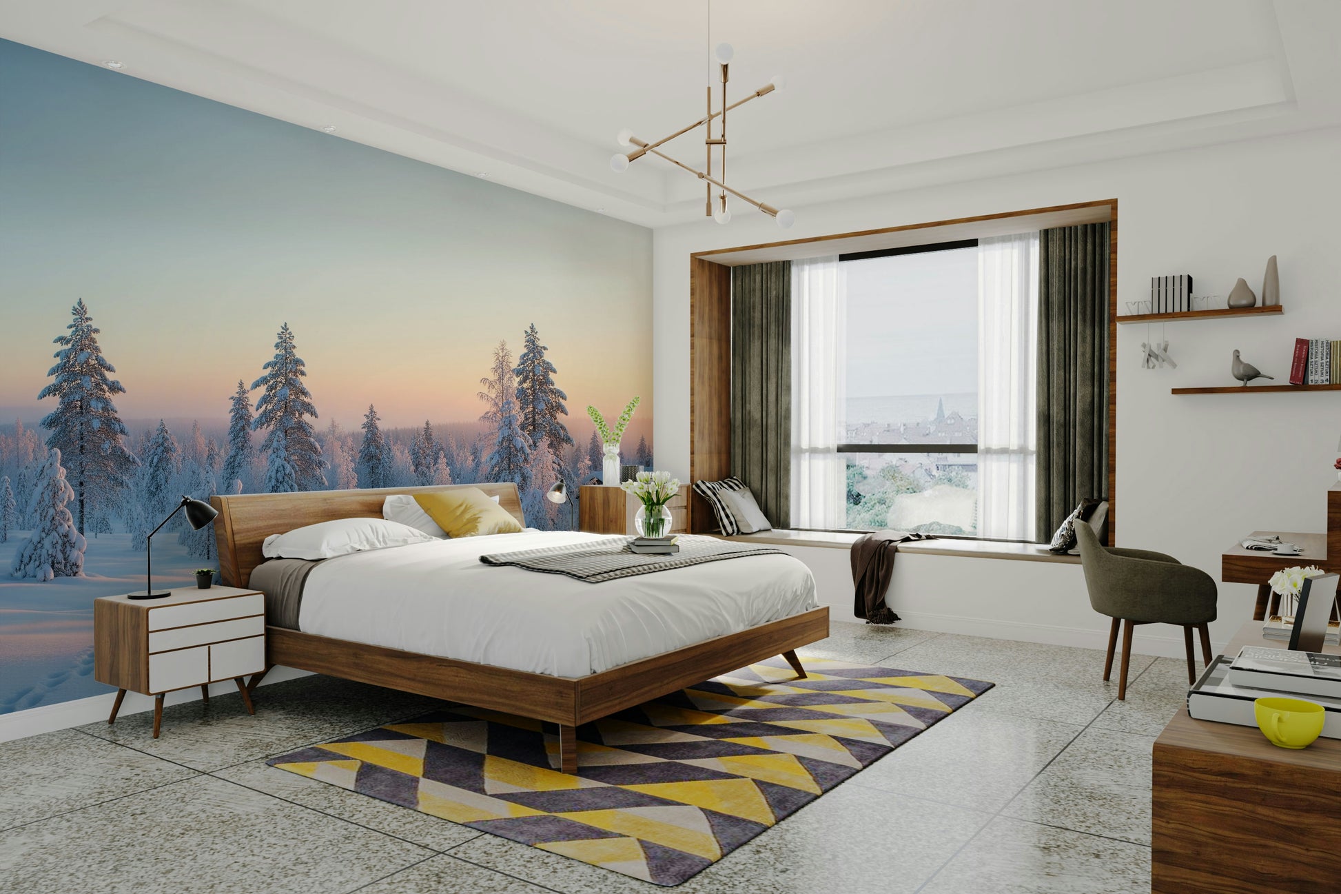 The mural is a realistic photograph of a winter forest at dawn.
