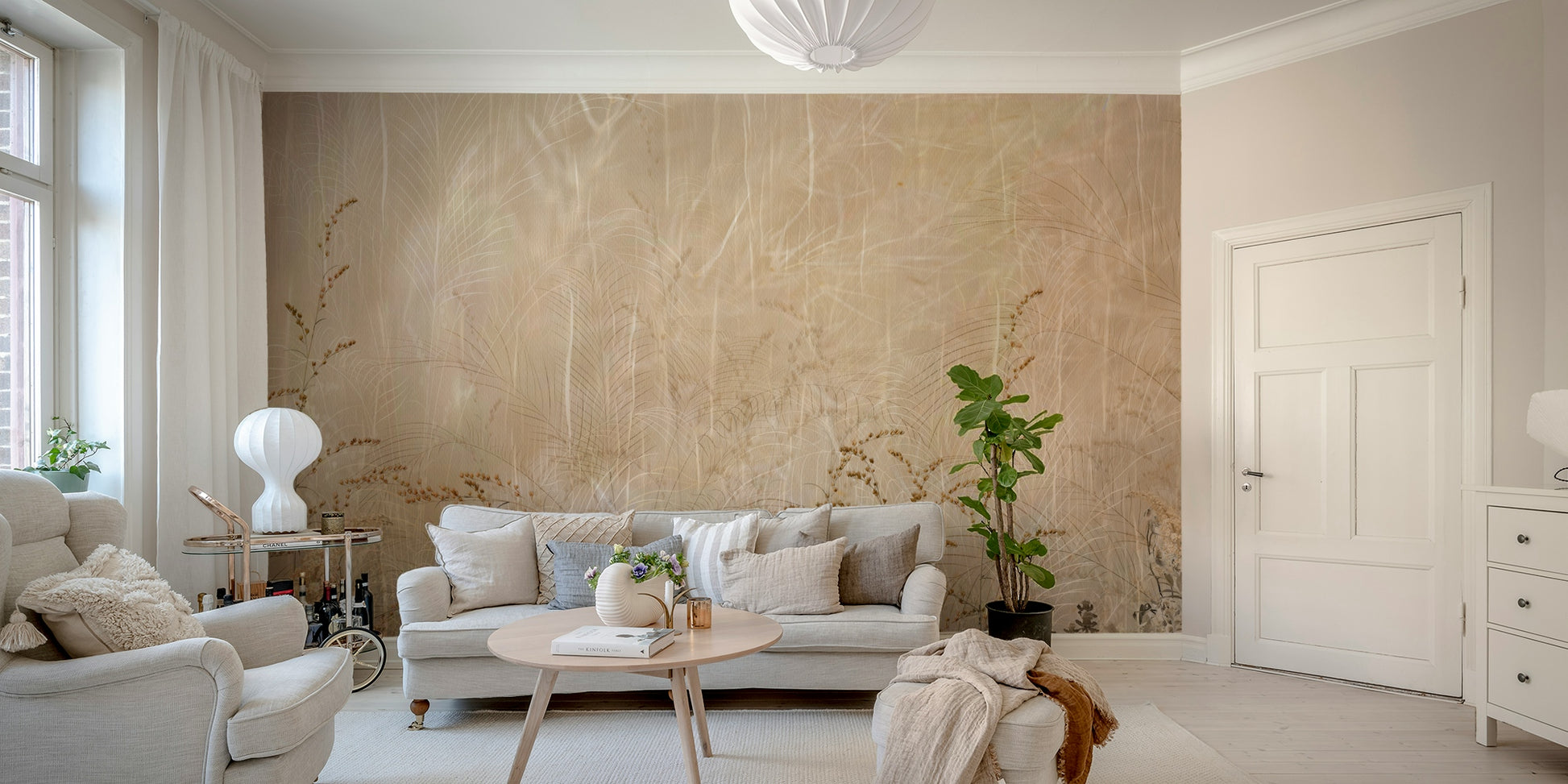 The Meadow Whisper Wall Mural in a calm bedroom setting.
