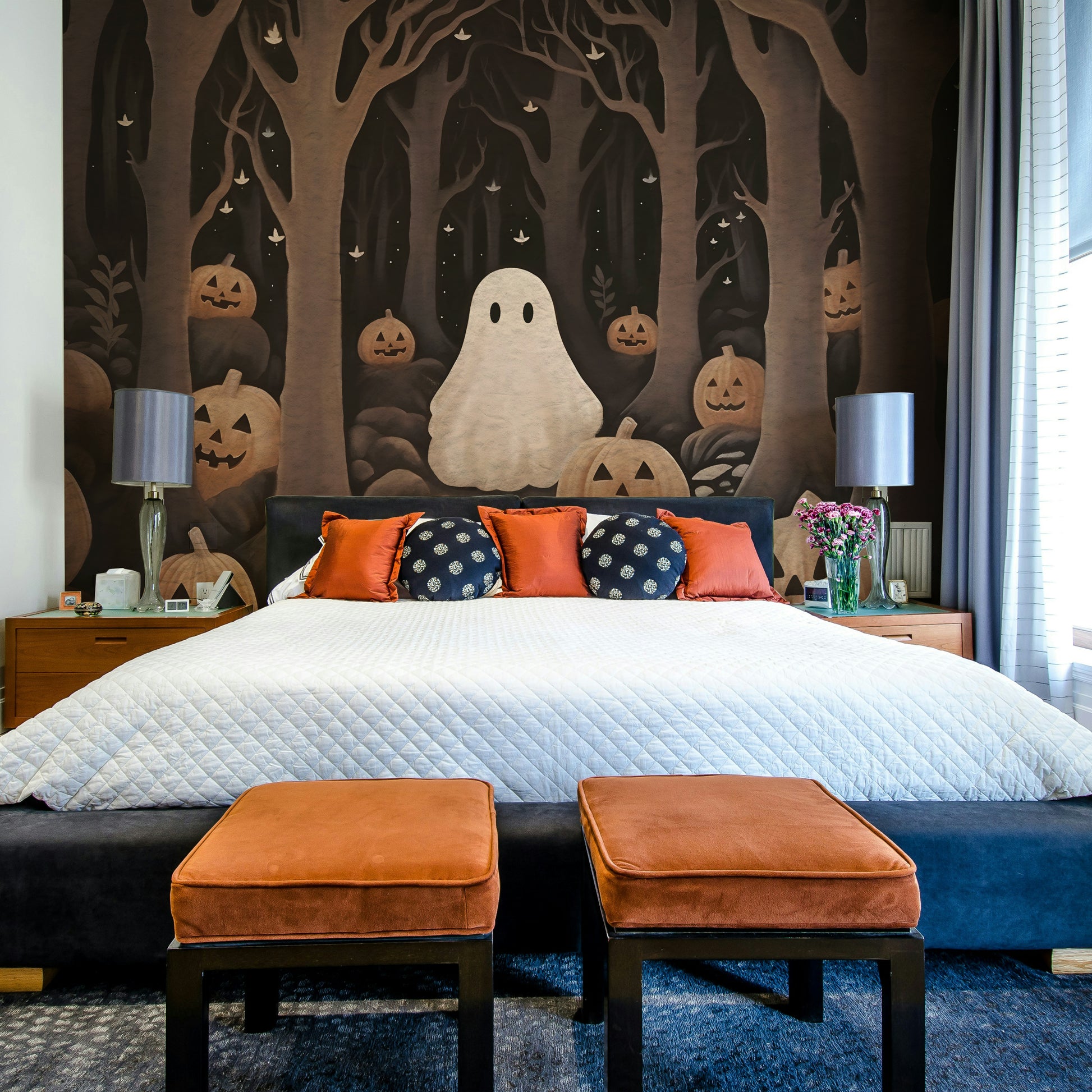 The Pumpkins Ghost Wall Mural on a feature wall for Halloween.
