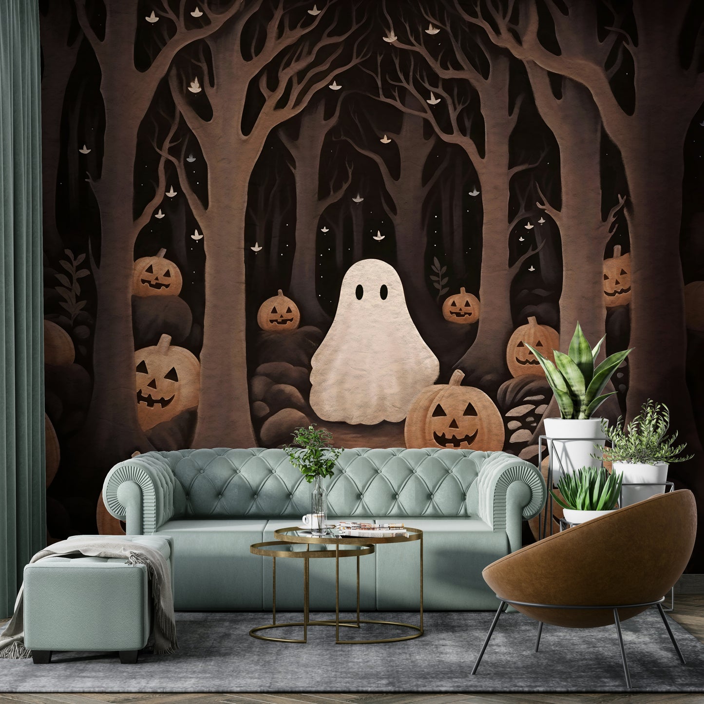 The ground is a dark color with several large, orange pumpkins.
