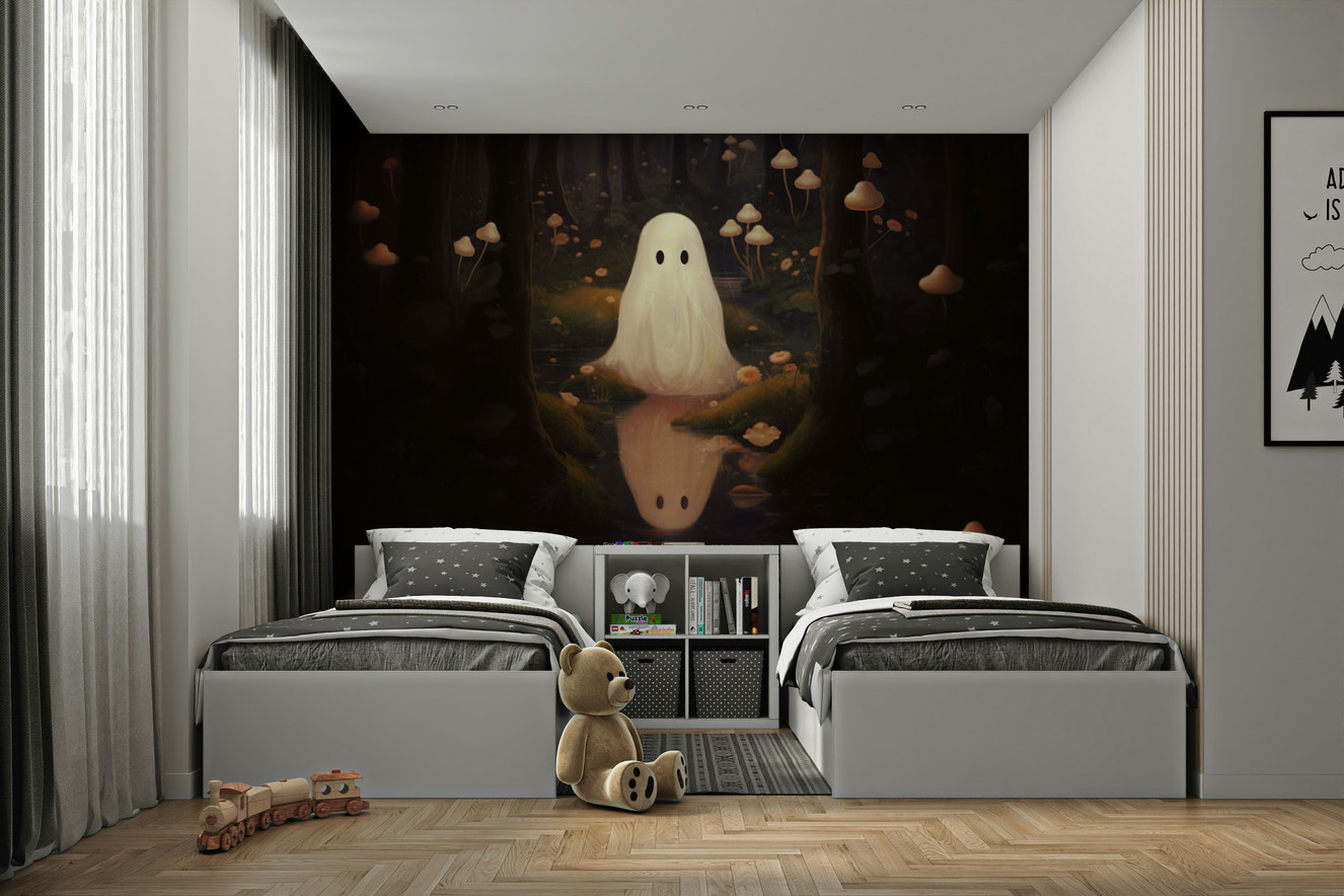 The Ghost Mushrooms Wall Mural on a dark-painted wall.
