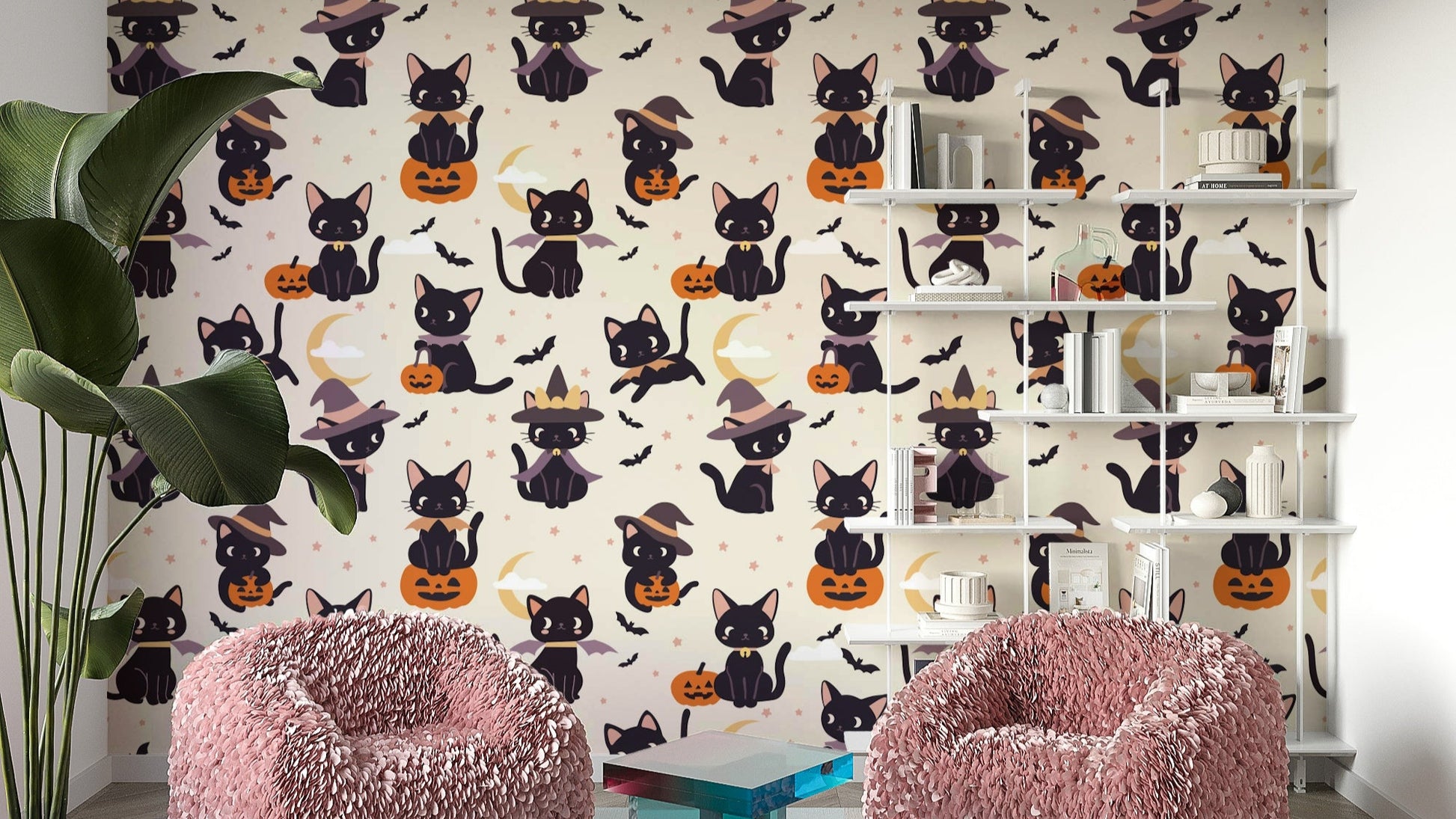 Artistic Cute Halloween Witch Cats and Pumpkins Wallpaper


