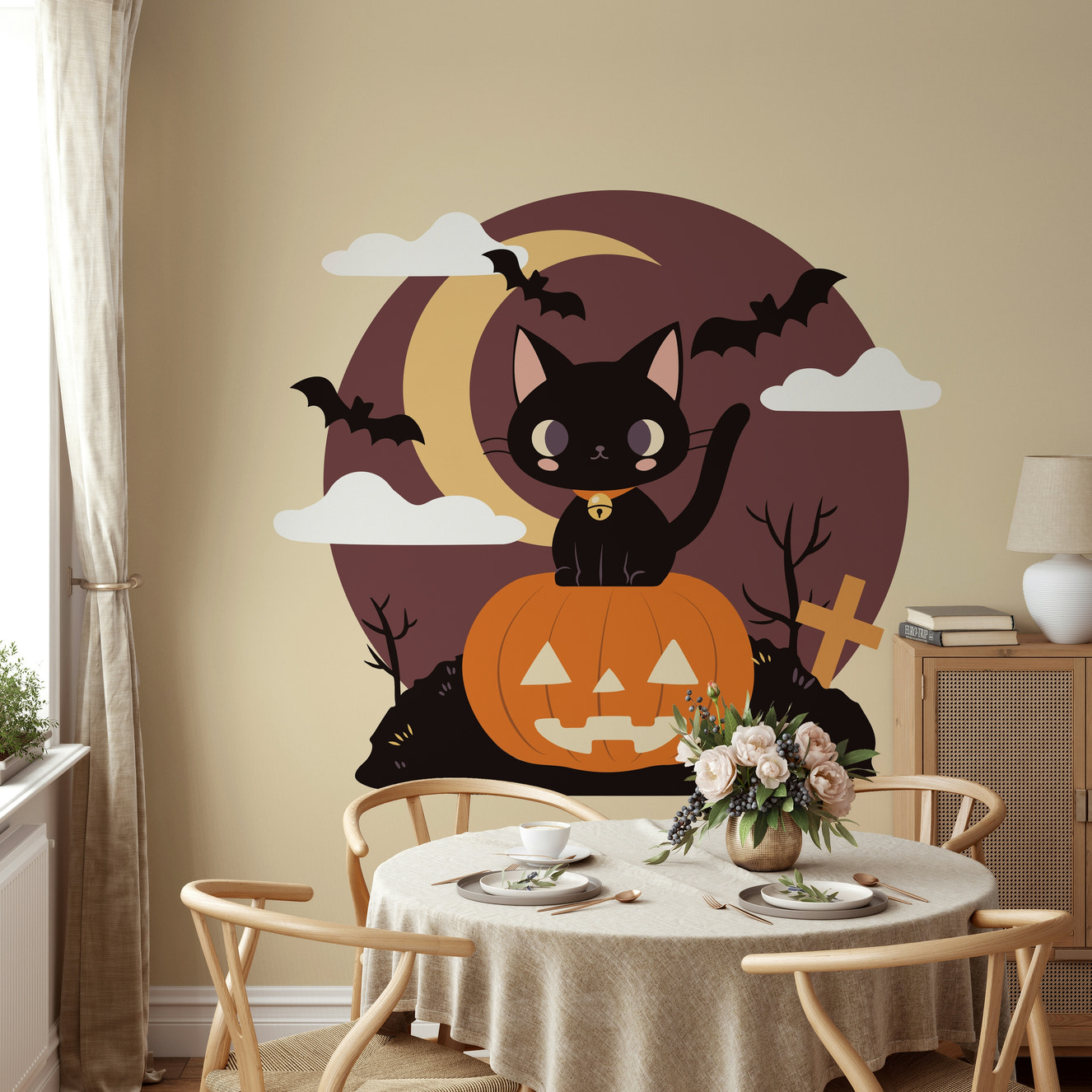 Spooky Black Cat on a Pumpkin Wall Mural.



