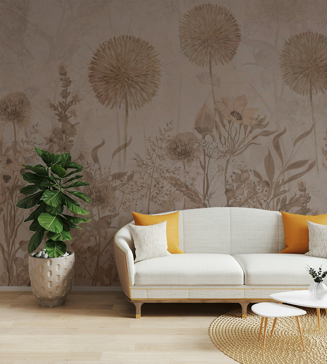 A peaceful wall mural with a soft floral pattern.

