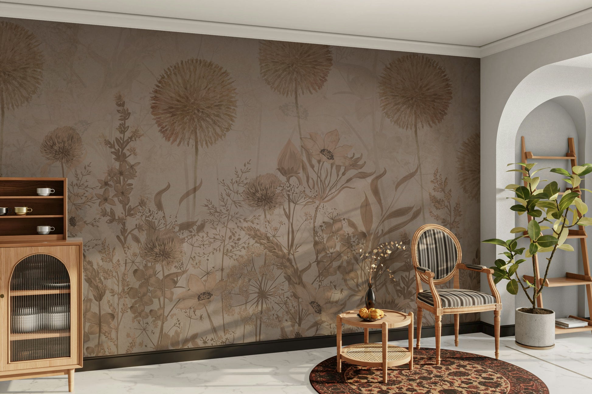 The colors are soft and muted, with various shades of beige, gray, and white.

