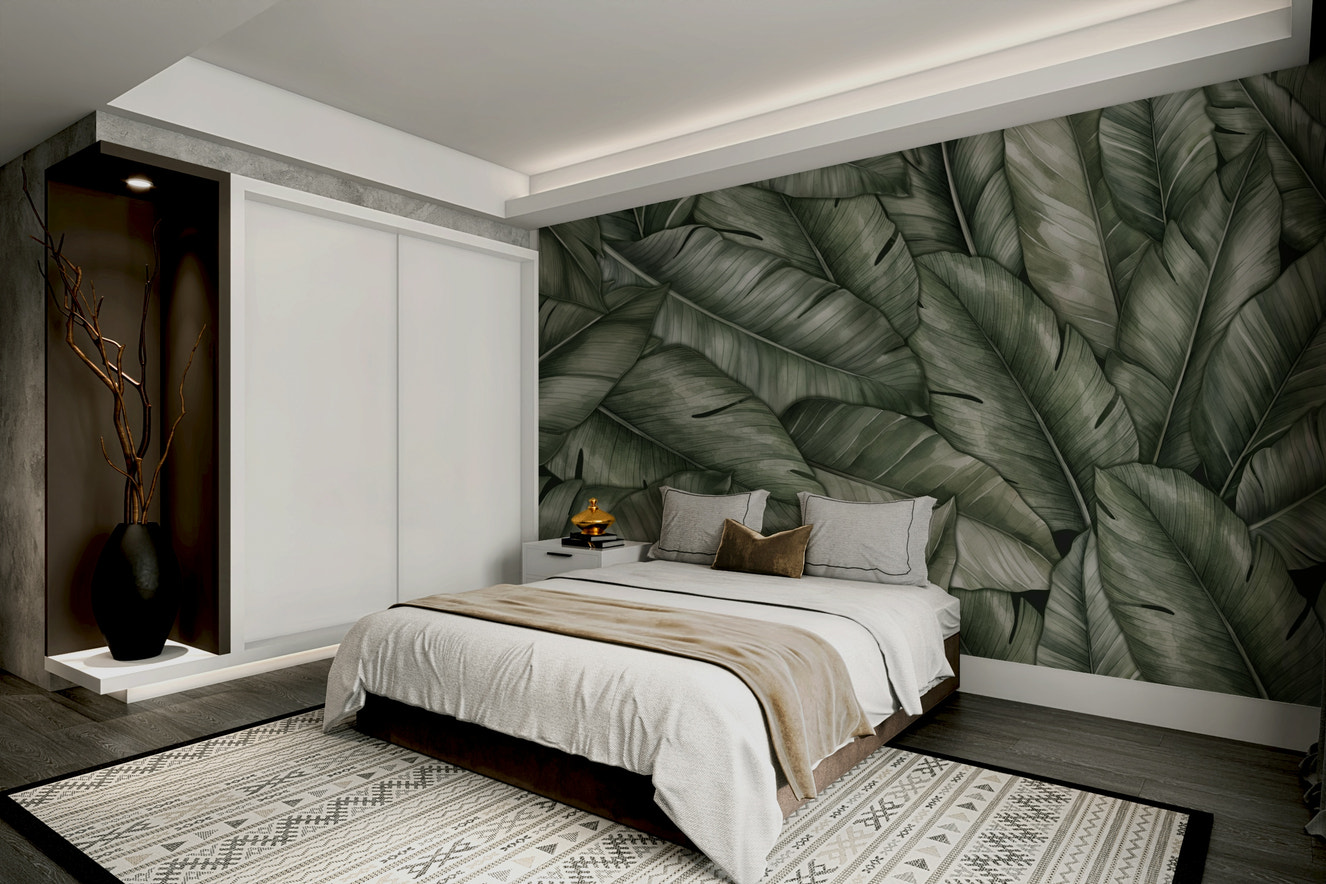 The Leafy Haven Wall Mural on a living room wall.
