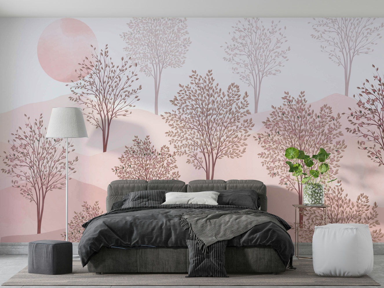A peaceful wall mural with a soft, pink orchard pattern.

