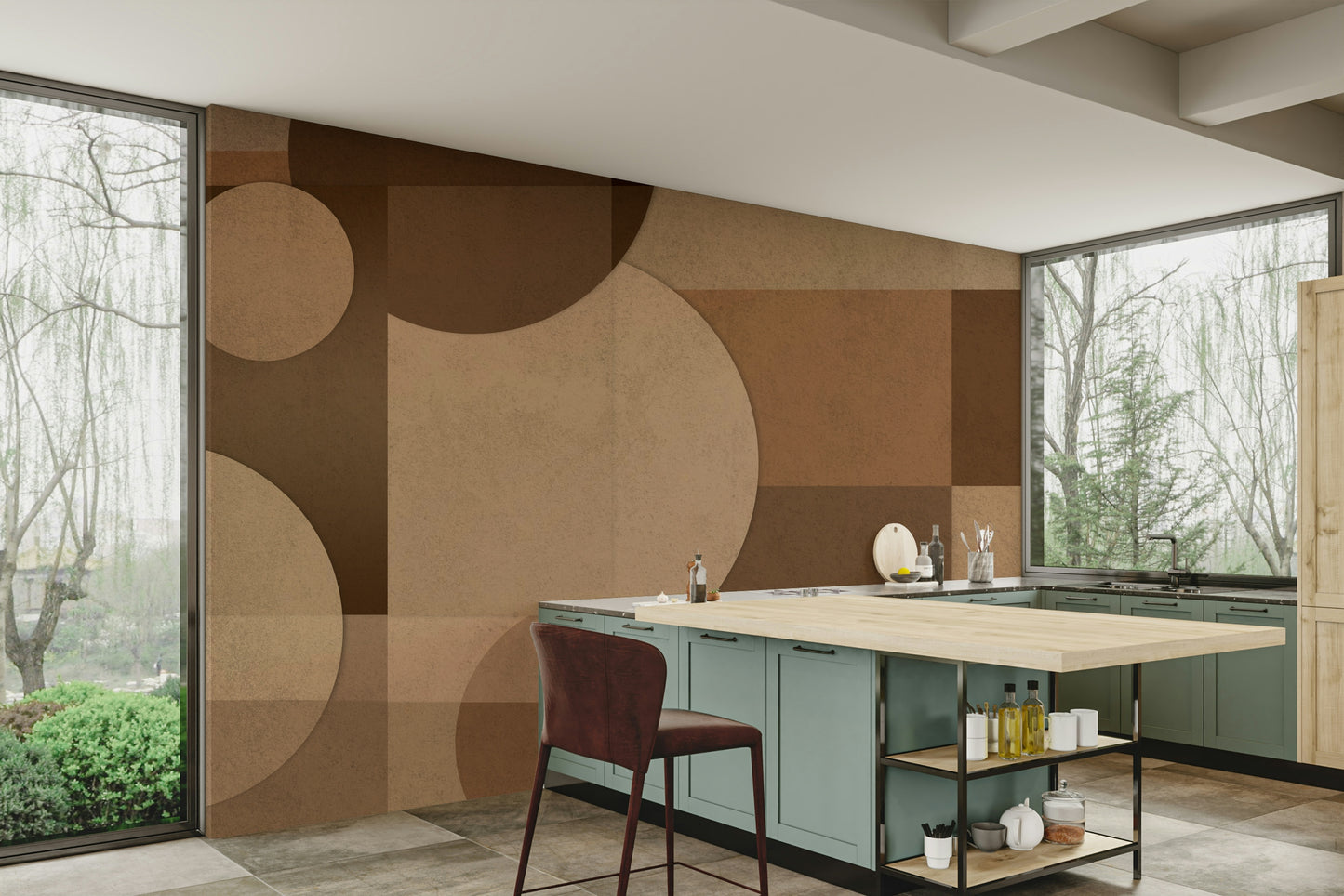 The colors are deep and warm, with various shades of brown and beige.

