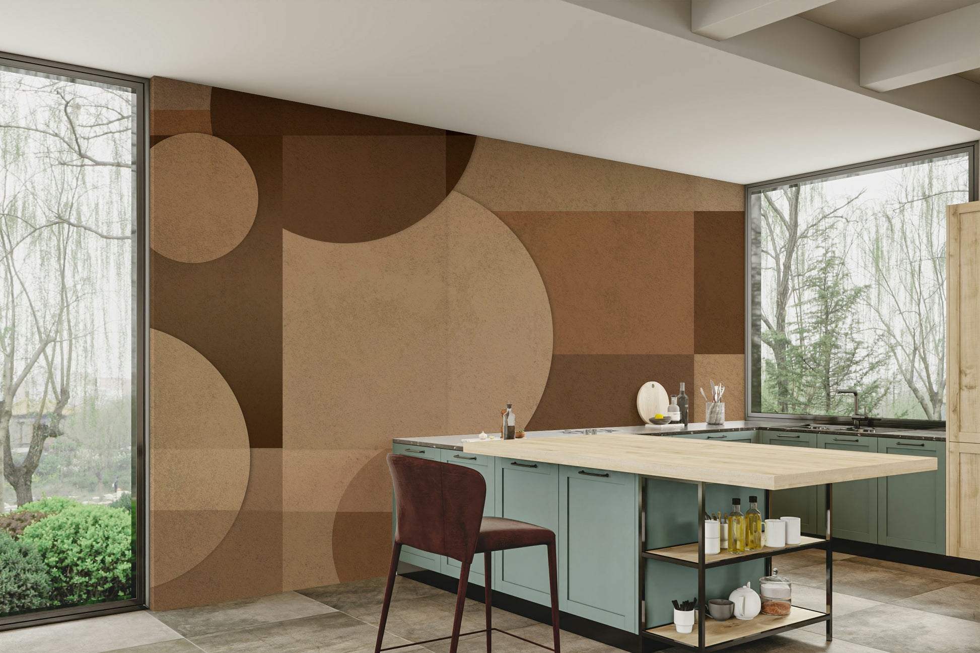 The colors are deep and warm, with various shades of brown and beige.

