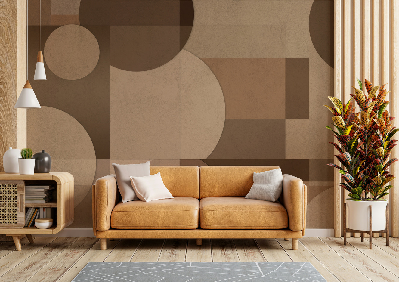 A modern wall mural with an abstract geometric pattern.

