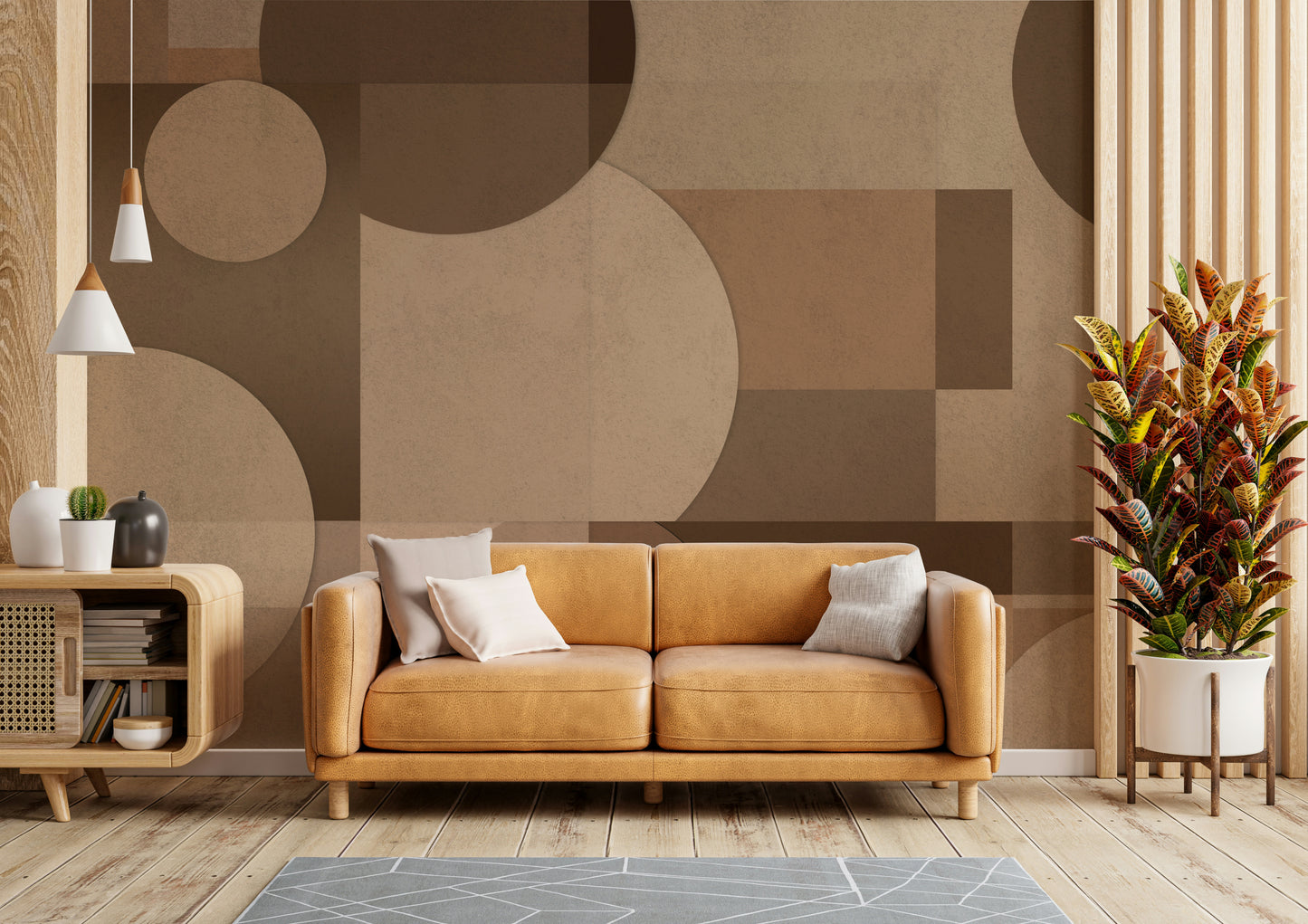 A modern wall mural with an abstract geometric pattern.

