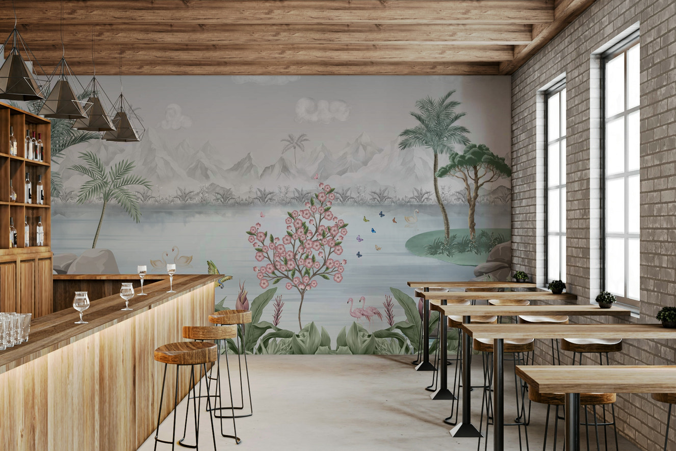 An elegant wall mural with a peaceful water garden.

