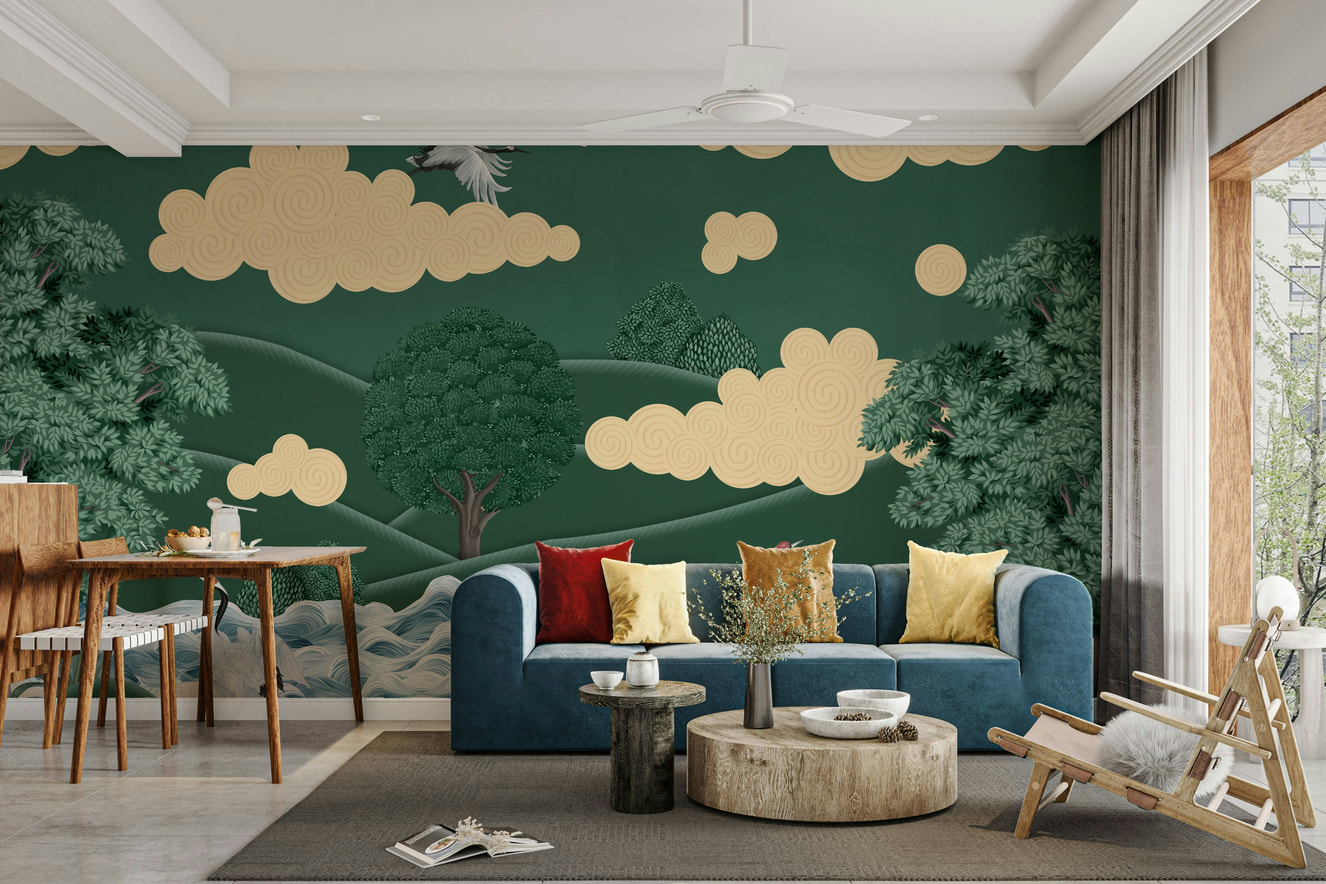 An elegant wall mural with a peaceful landscape and cranes.

