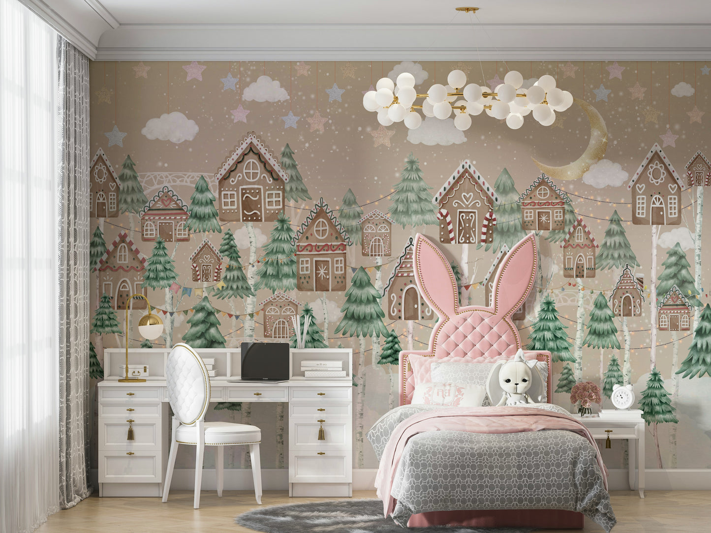 A peaceful wall mural with a charming winter village scene.

