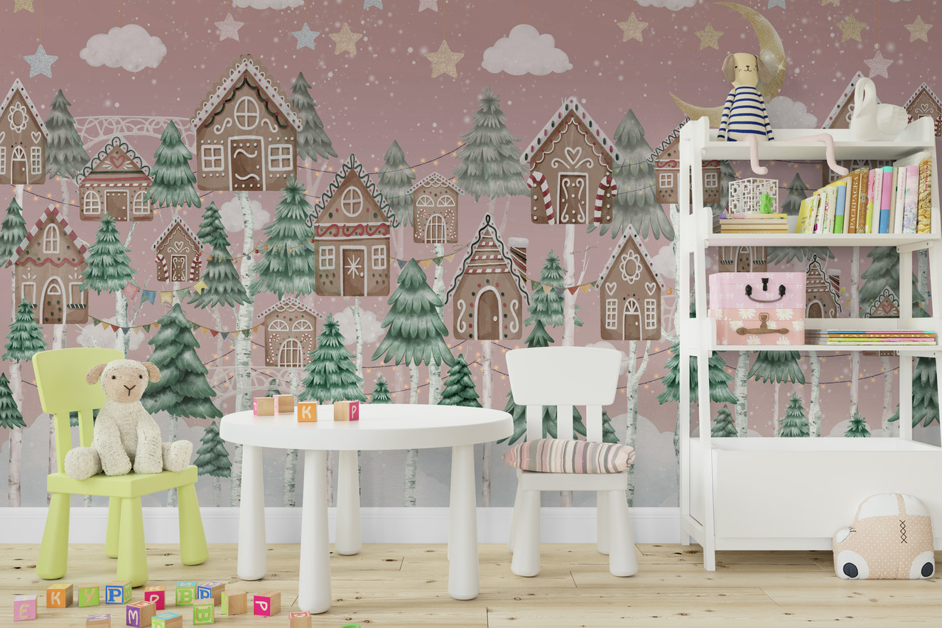 A peaceful wall mural with a charming gingerbread village scene.

