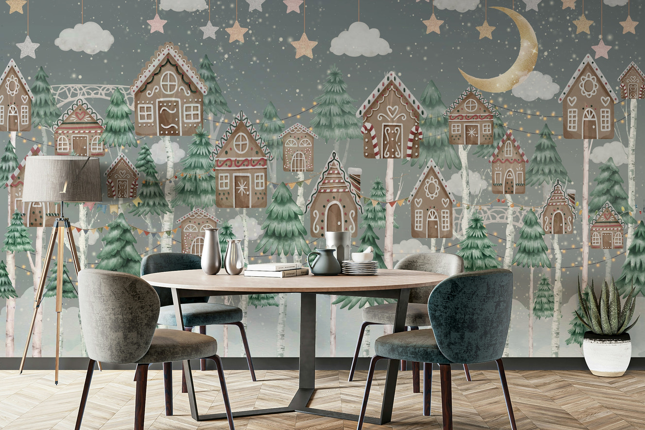 A whimsical wall mural with a magical forest scene.

