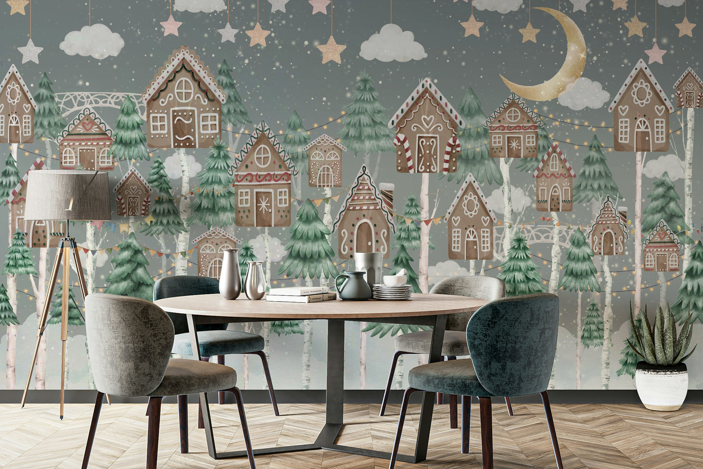A whimsical wall mural with a magical forest scene.

