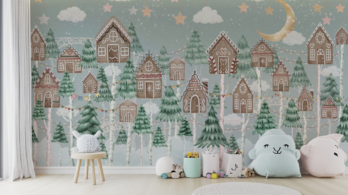 A peaceful wall mural with a magical winter village scene.


