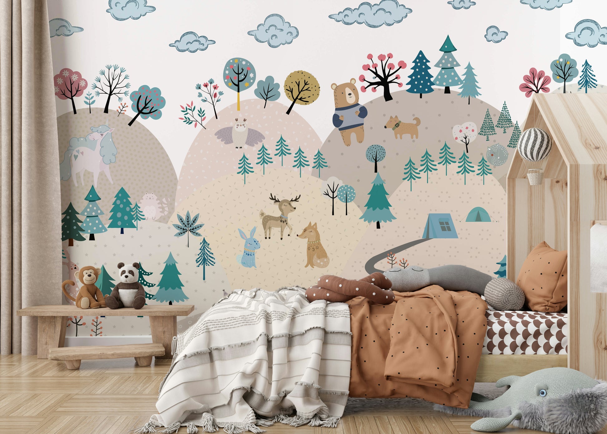 The colors are soft and muted, like various shades of green, gray, and brown.

