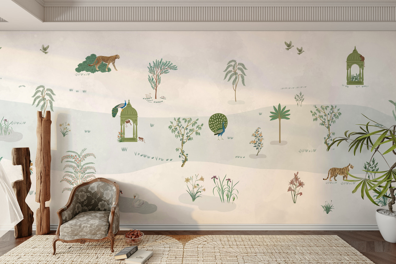 A peaceful wall mural with a lush garden pattern.

