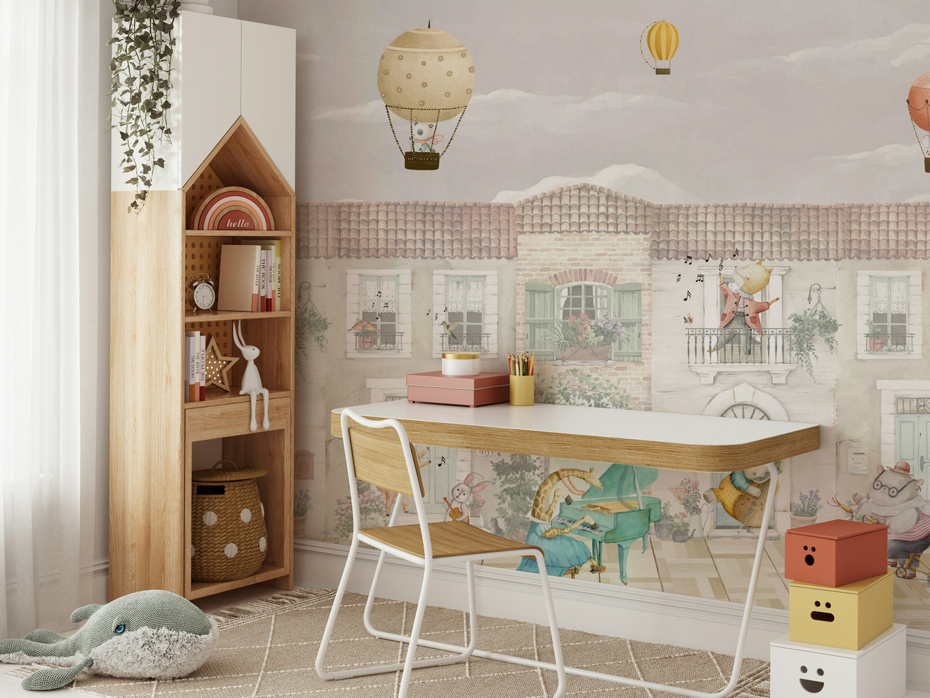 A whimsical town scene with musical animals.

