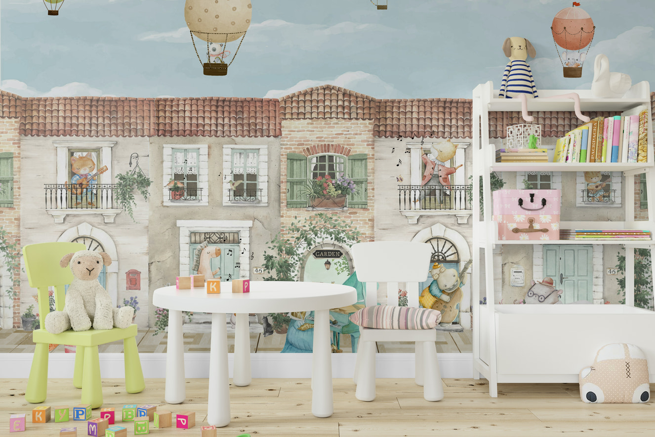 A whimsical forest scene with musical animals.

