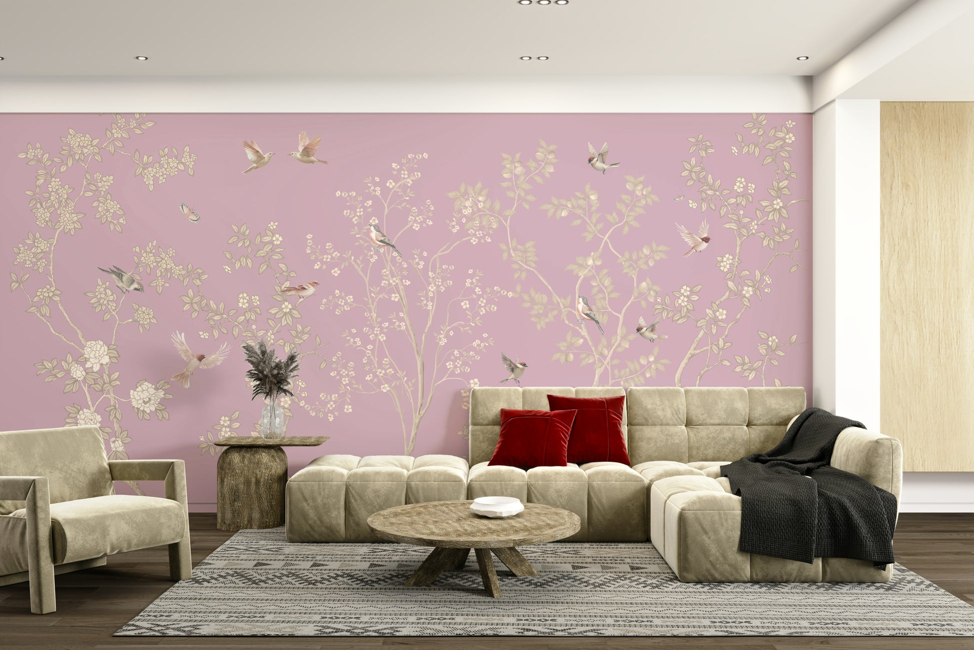 The background is a solid, soft mauve or light purple color.

