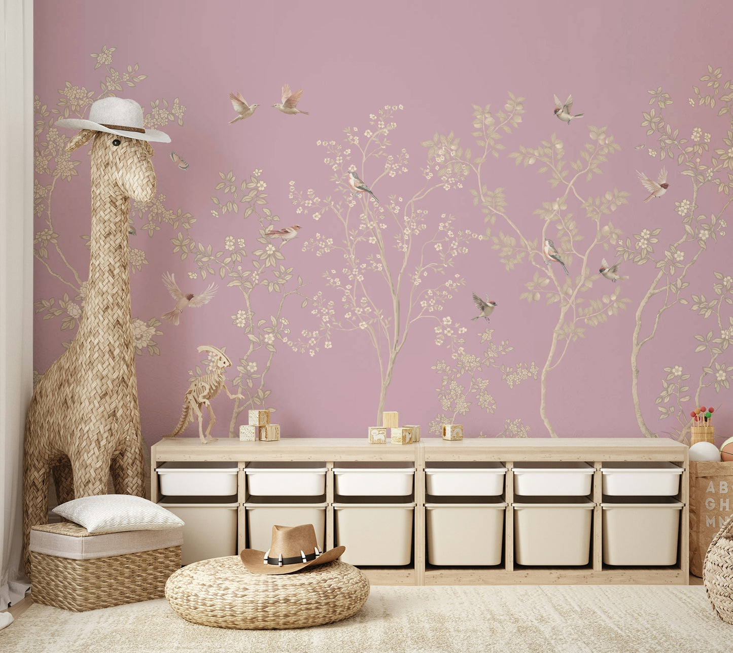 The birds are perched on branches or flying gracefully.

