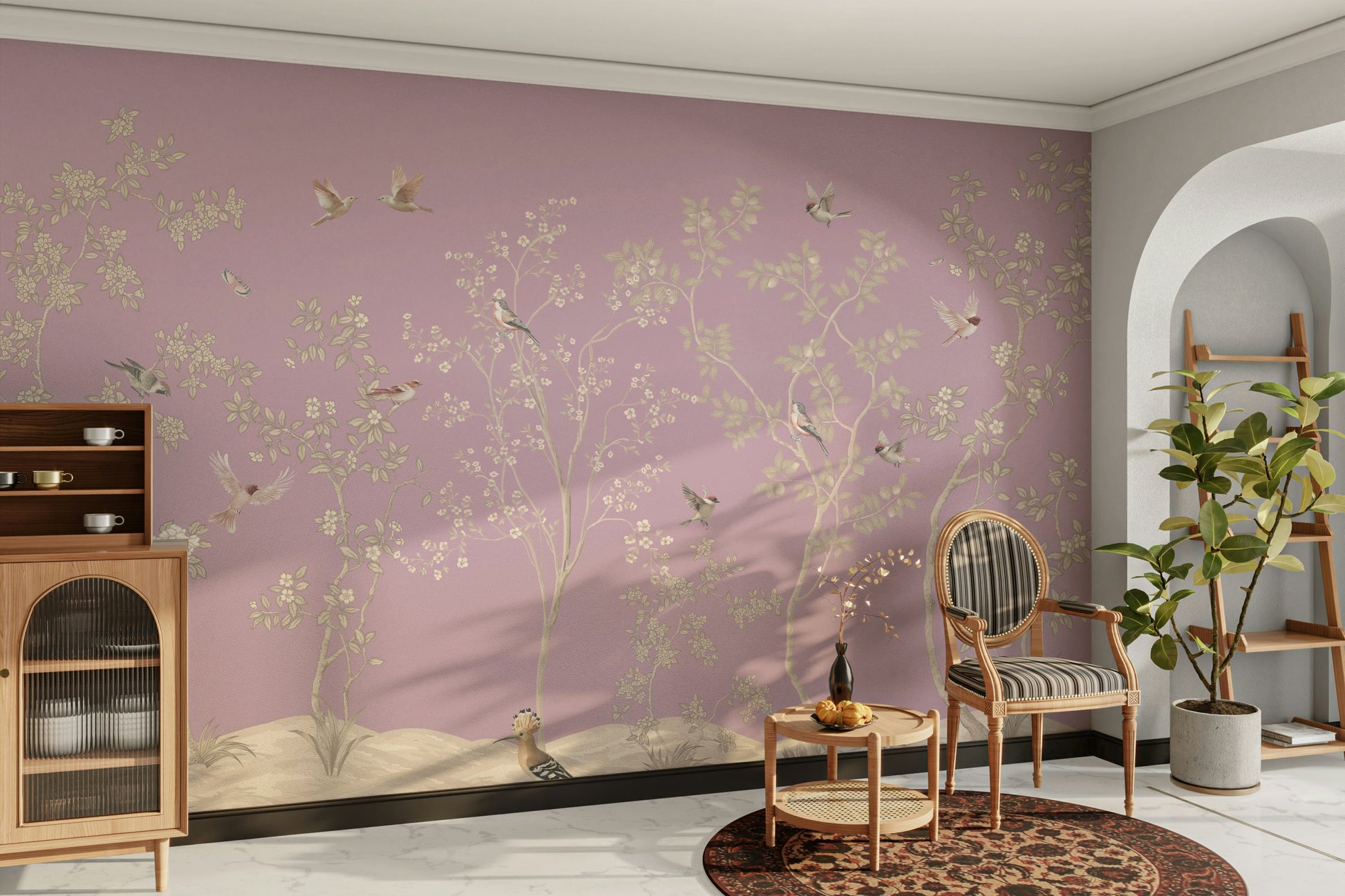 An elegant wall mural with a pattern of birds and flowers.

