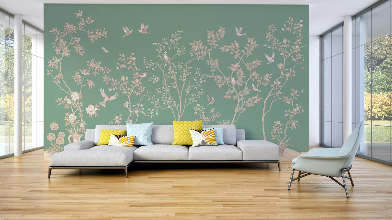 An elegant wall mural with a pattern of birds and flowers.

