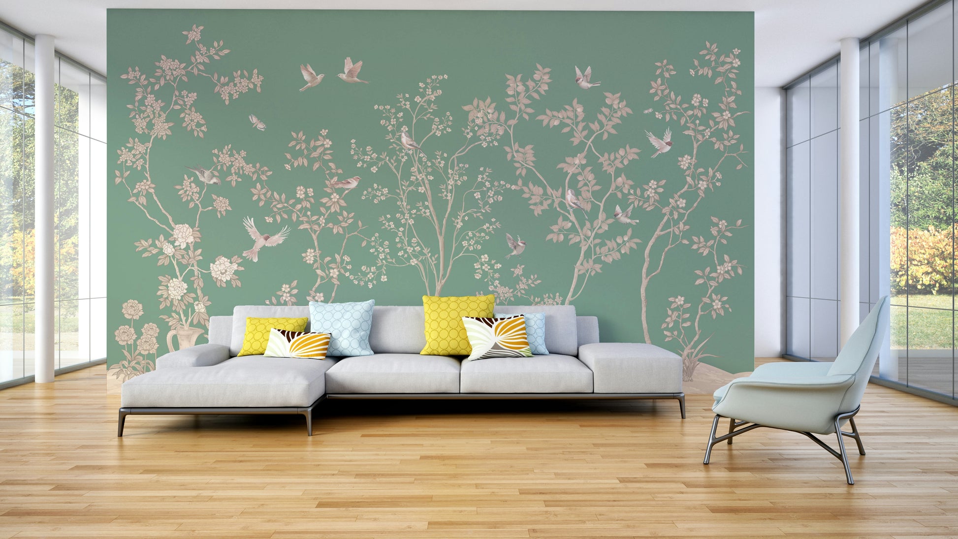 An elegant wall mural with a pattern of birds and flowers.

