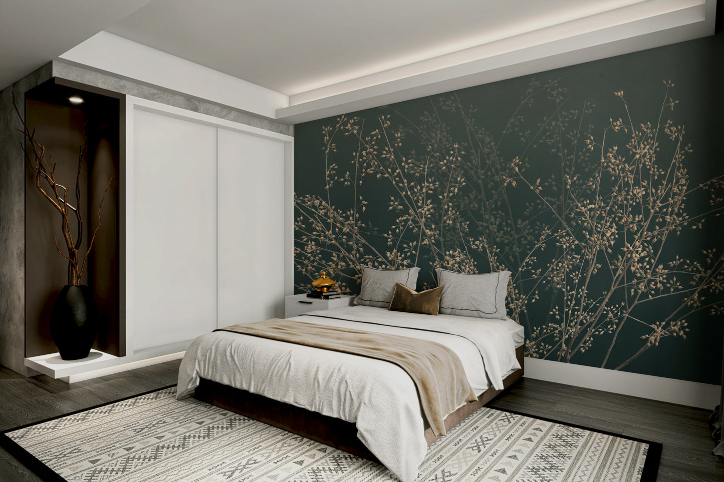 A peaceful wall mural with a pattern of graceful branches.

