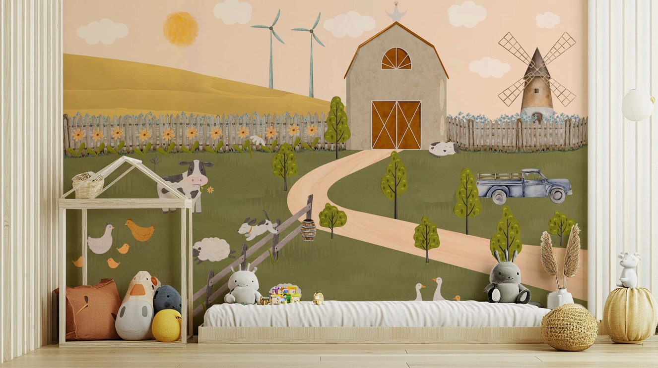 A peaceful barnyard scene with friendly farm animals.

