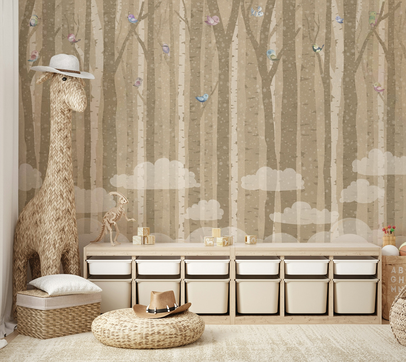 An elegant wall mural with a pattern of birds and birch trees.

