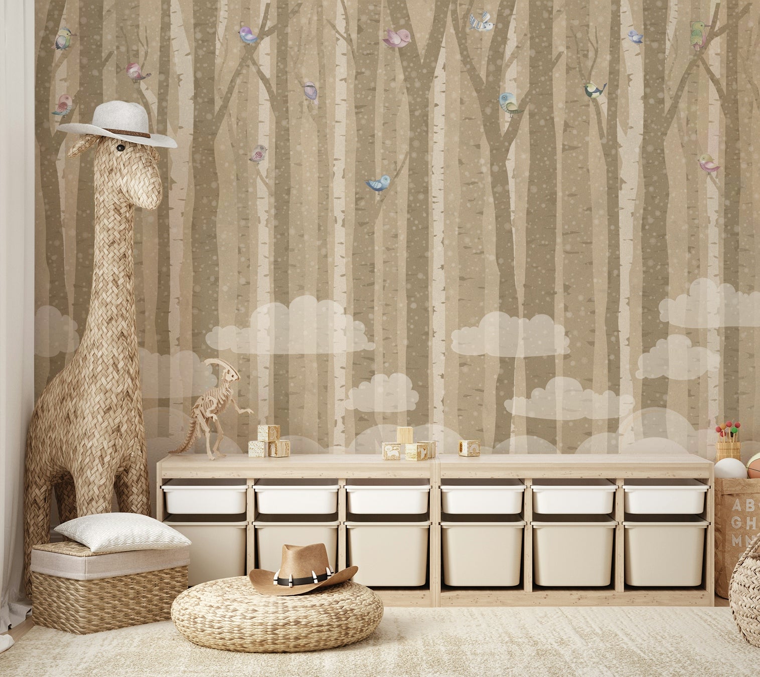 An elegant wall mural with a pattern of birds and birch trees.

