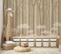 An elegant wall mural with a pattern of birds and birch trees.

