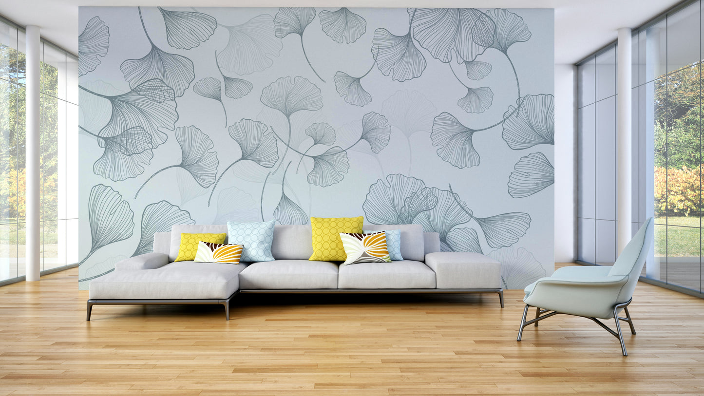 A minimalist wall mural featuring a pattern of ginkgo leaves.

