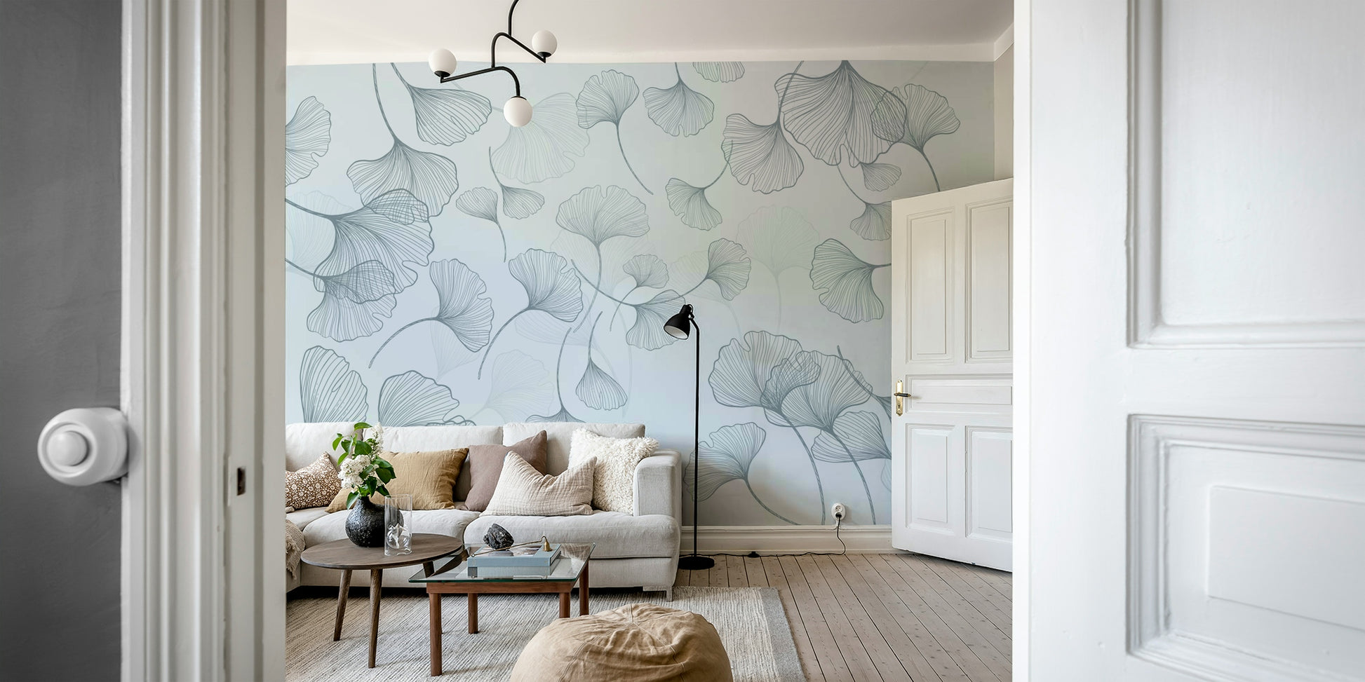 The ginkgo leaves are stylized, not realistic, with some soft shading.

