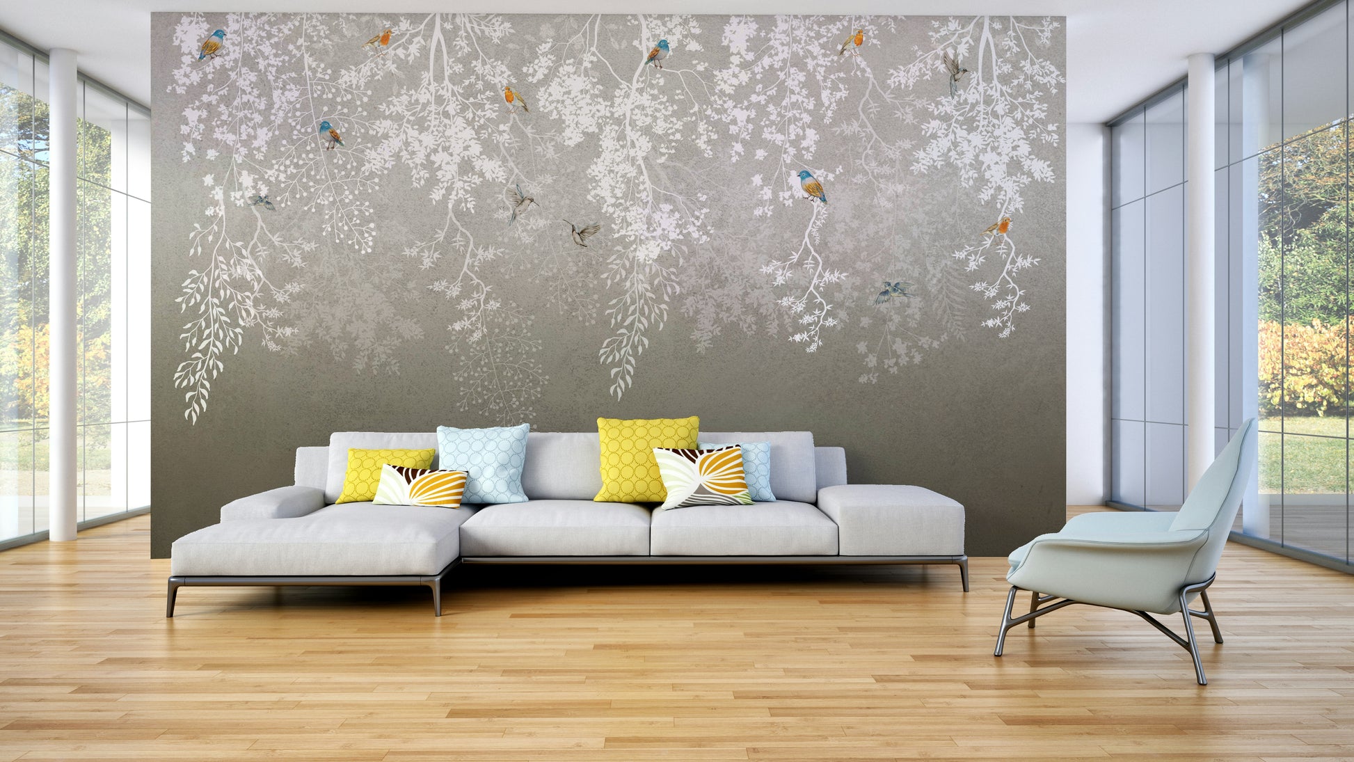 An elegant wall mural with a pattern of birds and flowers.

