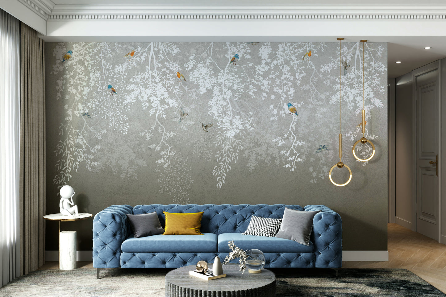 The birds are perched on branches or flying gracefully.

