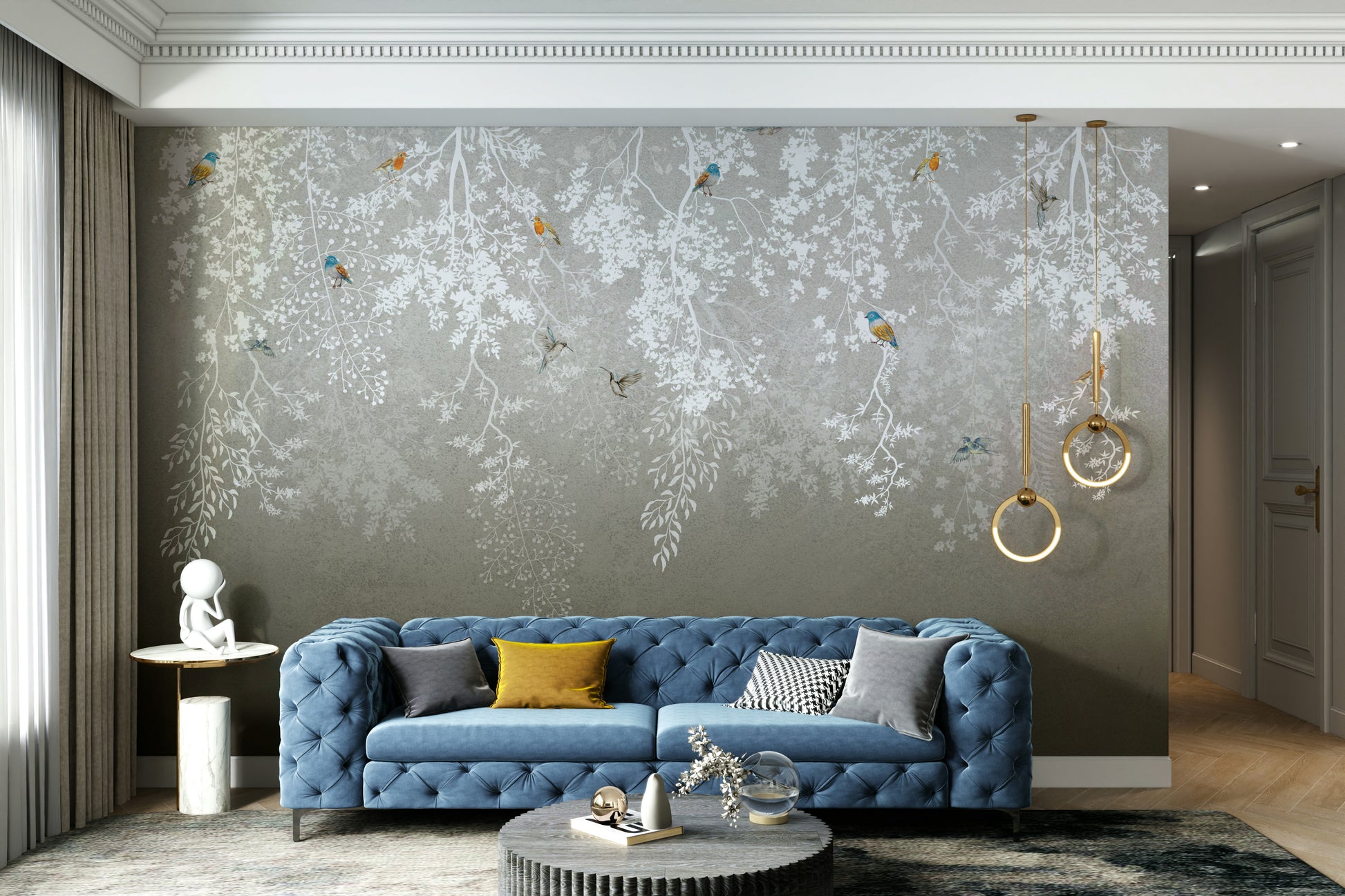 The birds are perched on branches or flying gracefully.

