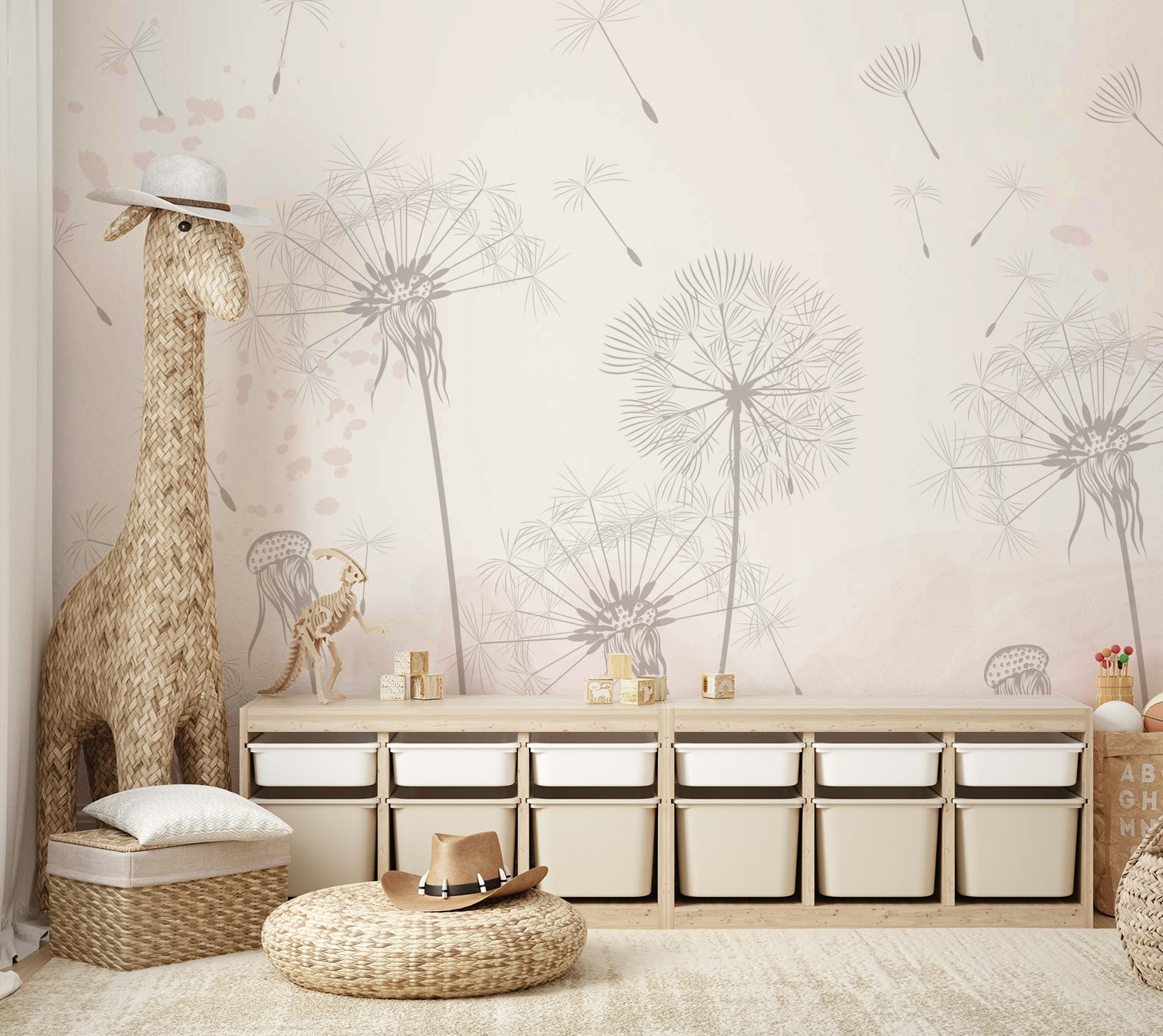 A peaceful wall mural with a magical, ethereal design.

