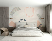 A whimsical wall mural with a scrapbook or collage-like design.


