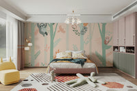 The background is a quiet forest with tall trees and dappled light.

