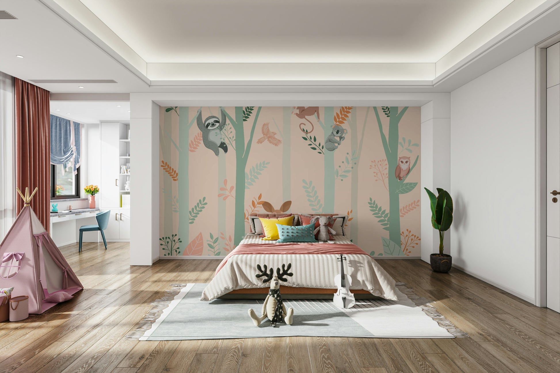 A peaceful deer with large antlers is standing in a clearing.

