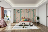 A peaceful deer with large antlers is standing in a clearing.

