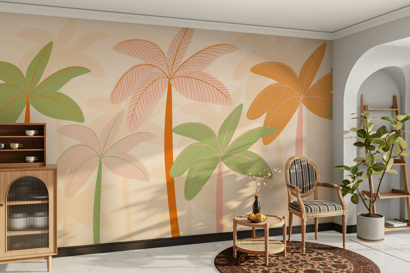 A peaceful wall mural with a tropical leaf pattern.

