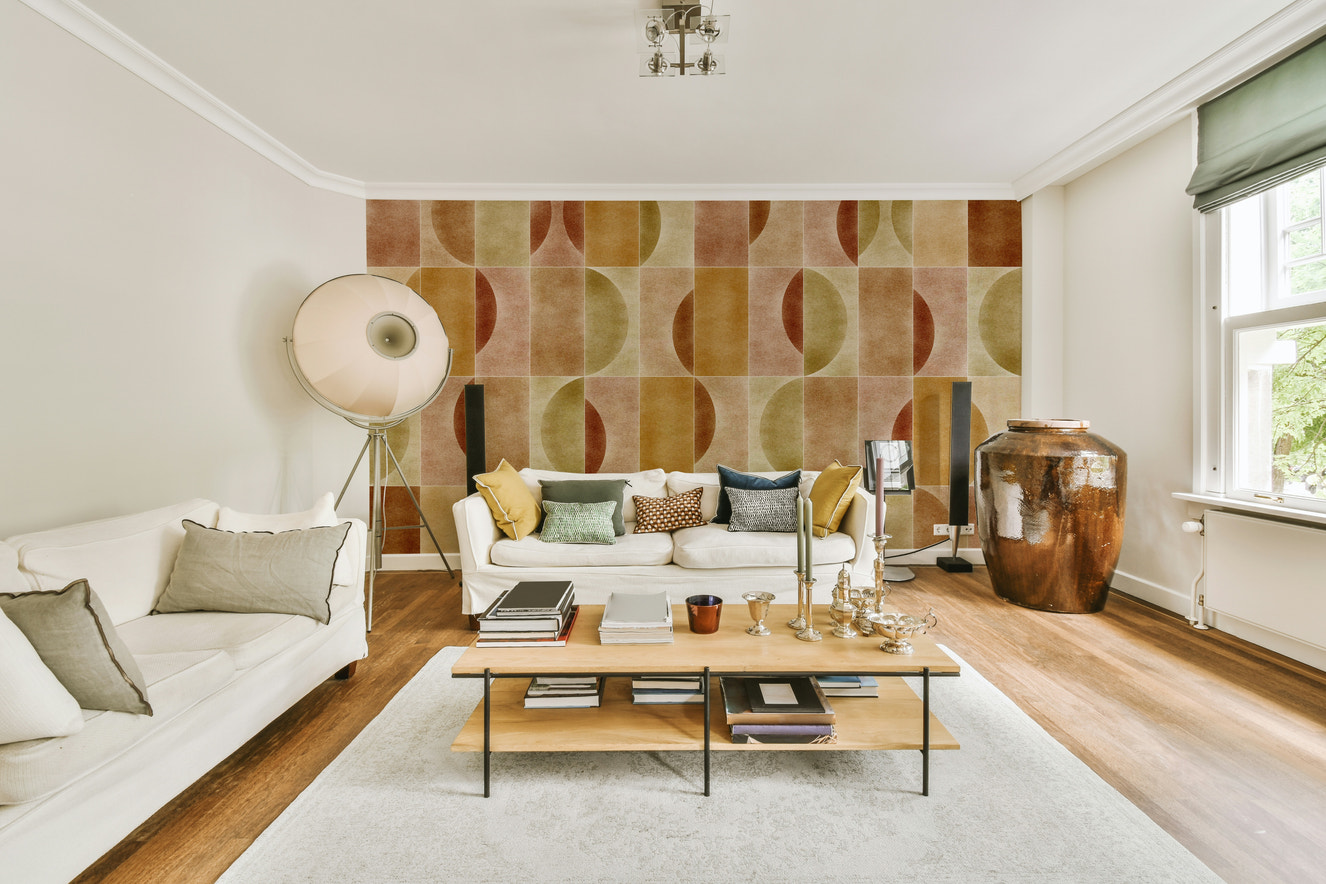 A modern wall mural with a geometric pattern.

