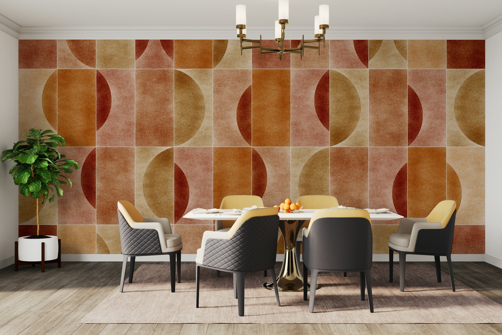 The colors are deep and warm, like rusty red, olive green, and dark gold.

